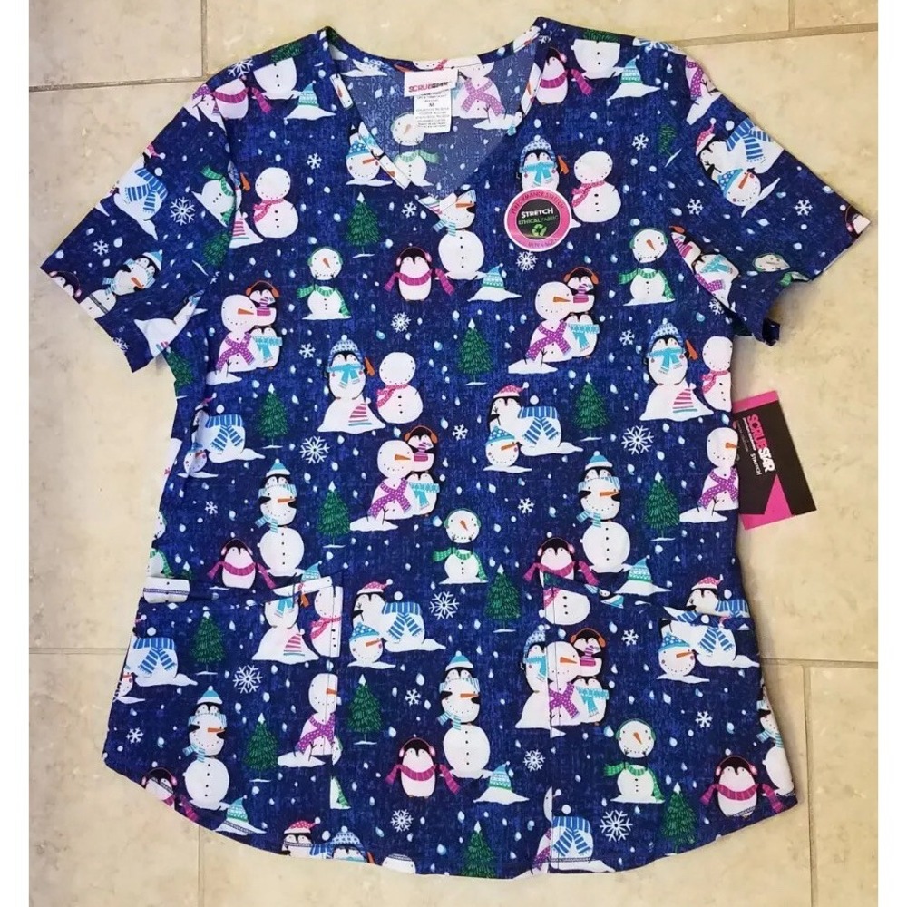 Scrubstar Women V-neck‎ Scrub Top Penguin Snowman Winter Fun Stretch Medium NEW